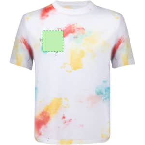 A white children's t-shirt featuring a colourful splash design in red, yellow, and blue, with a logo.