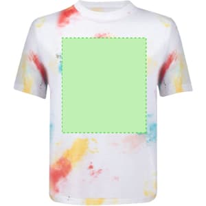 A white kids' T-shirt featuring a tie-dye pattern in red, yellow, and blue, with a blank green area for custom designs.