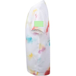 A white tie-dye kids' T-shirt featuring multicoloured splashes and a logo on the sleeve.