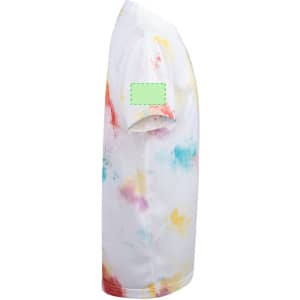 A tie-dye kids' T-shirt in vibrant colours, featuring a short sleeve and a logo on the sleeve.