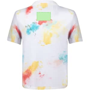A kids' T-shirt featuring a white base with colourful splashes of blue, yellow, and red, and a branding logo on the back.