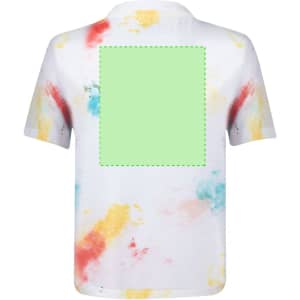 A children's white T-shirt featuring a colourful splash design in red, blue, and yellow. It has a logo on the back.