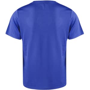 A blue t-shirt featuring a plain back design and a logo. Suitable for casual wear.
