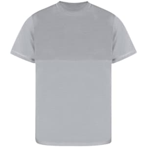 A light grey adult t-shirt featuring a textured design and a logo. Short sleeves and round neckline.