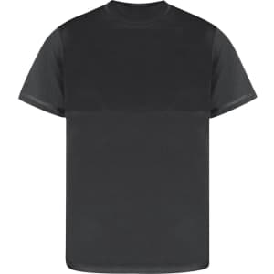 A black adult T-shirt made from a mesh fabric, featuring a logo on the front.