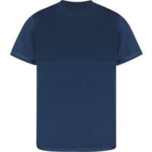 A navy blue adult T-shirt with a simple design and a logo on it. Ideal for casual wear.