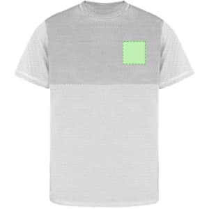 A grey adult T-shirt with a textured pattern and a green square on the front. Features a logo.