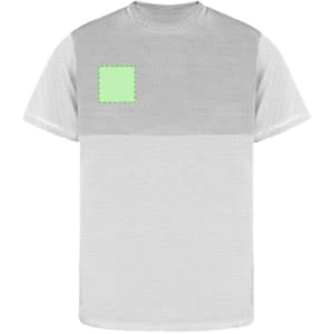 A grey adult T-shirt featuring a green square patch and a logo on the front. Designed with a breathable mesh material.
