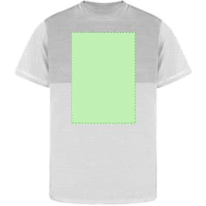 A grey adult t-shirt featuring a mesh design and a blank green area for customisation. It has a logo prominently displayed.