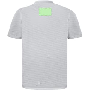 A white adult t-shirt with a mesh texture and a blank green patch on the back, featuring a logo.