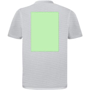 A white adult T-shirt featuring a textured fabric and a blank green square on the back.