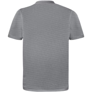 A grey adult t-shirt with a mesh texture, featuring a simple design and a collar. Includes a logo.