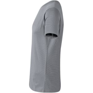 A side view of a grey adult T-shirt with a textured pattern and short sleeves. It features a logo.