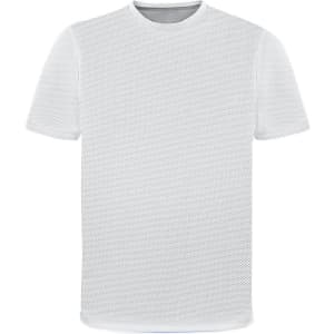 A white adult t-shirt made from mesh material, featuring a logo on the chest.