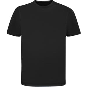 A black adult T-shirt featuring a simple design and a logo on the front. Suitable for casual wear.