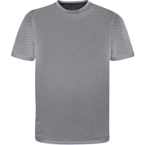 A grey adult T-shirt with a mesh texture and a crew neckline, featuring a logo on the front.