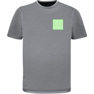 A grey adult T-shirt featuring a textured design and a small green square on the front.