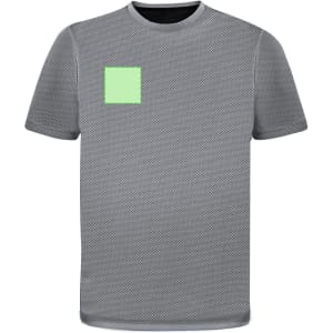 A grey adult T-shirt featuring a small square design on the front and a logo on the sleeve.