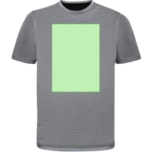 A grey adult T-shirt featuring a plain green rectangular area on the front and a branding logo.