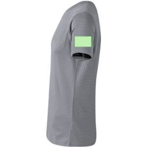 A grey adult T-shirt featuring a short sleeve and a logo on the sleeve. The fabric has a textured pattern.