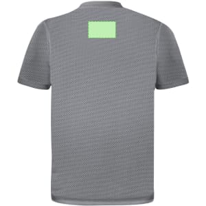 A grey adult T-shirt featuring a mesh design and a blank area on the back, with a logo.