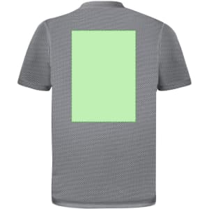 A grey adult T-shirt with a green square design on the back, featuring a logo.