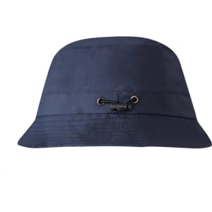 A navy bucket hat featuring a stylish design and a branded logo on the side.