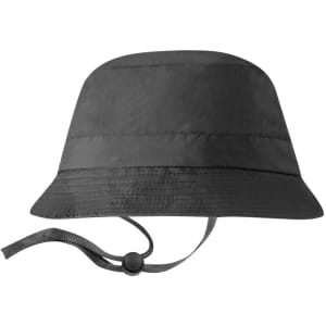 A black bucket hat with a wide brim and an adjustable chin strap. It features a branding logo.