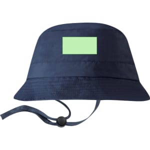 A navy bucket hat with a strap and a blank green patch for branding.