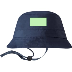 A navy bucket hat with a green rectangular patch and an adjustable chin strap. It has a simple branding logo.