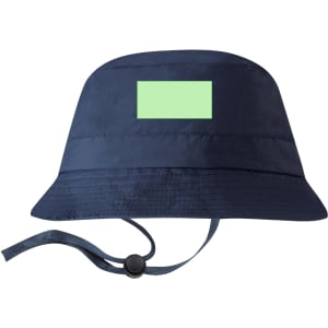 A navy blue bucket hat with a green patch and an adjustable chin strap. It features a logo or branding.