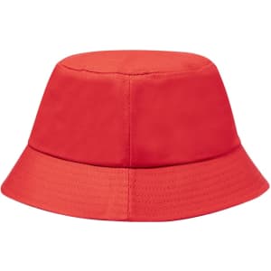 A red bucket hat with a wide brim and a smooth texture. It features a logo on the side.