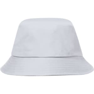 A bucket hat in a pale grey colour, featuring a wide brim and a simple design. It has a logo on the side.