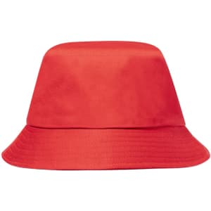 A bright red bucket hat with a wide brim and a smooth finish, featuring a logo on the front.