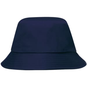 A navy blue bucket hat with a wide brim and a smooth texture, featuring a logo on the side.