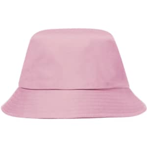 A pink bucket hat featuring a solid colour design and a logo. Ideal for casual headwear.