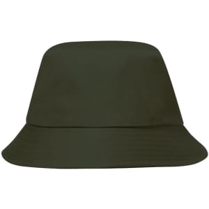A green bucket hat with a wide brim and a simple, streamlined design. It features a logo on the side.