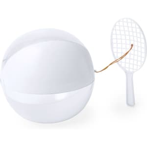 A white spherical toy with a net and string attachment. The design is sleek and minimalistic.