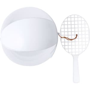 A white beach ball and a white mesh paddle, featuring a logo on the paddle.