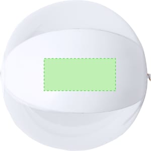 A white frisbee with a blank green space for customisation, featuring a logo on one side.