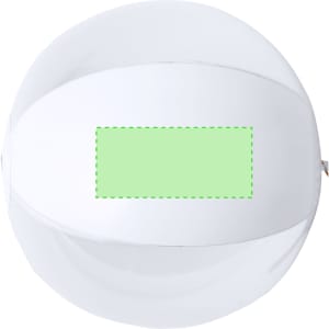 A white frisbee with a blank green area in the centre, featuring a logo on the rim.