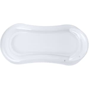 A transparent inflatable lounge chair with a curved design, featuring an integrated headrest. It has a logo.