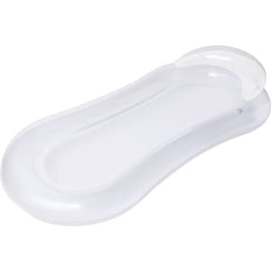 A transparent inflatable lounge chair with a curved design, featuring a small headrest section.