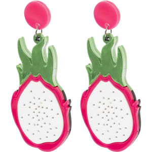 Bright pink and green Kely Earrings shaped like a dragon fruit, featuring a white interior with perforations.