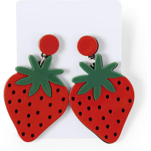 Red strawberry-shaped earrings with green leaves and black polka dots, featuring a circular red stud.