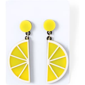 Yellow lemon slice earrings with a circular stud and a glossy finish, displayed on a card with branding.