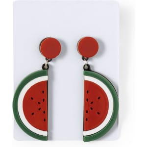 Colourful watermelon-shaped earrings in red, green, and white, displayed on a white card. Includes a logo.