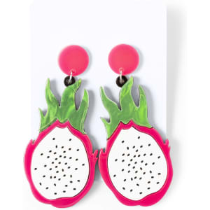 Bright pink and green earrings shaped like dragon fruit, featuring a white centre adorned with black seeds.