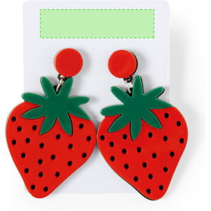 Red strawberry-shaped earrings with green leaves, featuring a circular red stud at the top. Mounted on a card.