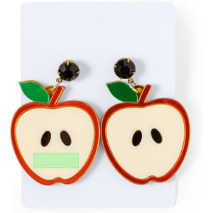 Bright red apple-shaped earrings with black and green accents on a white display card. Features a logo at the top.